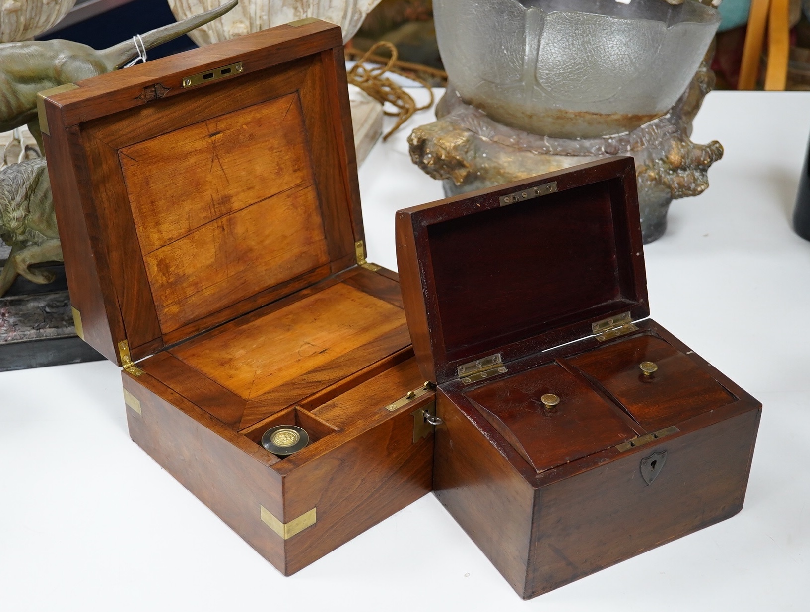 A Victorian brass bound walnut writing box and a mahogany tea caddy, largest 27cm wide. Condition - fair to good